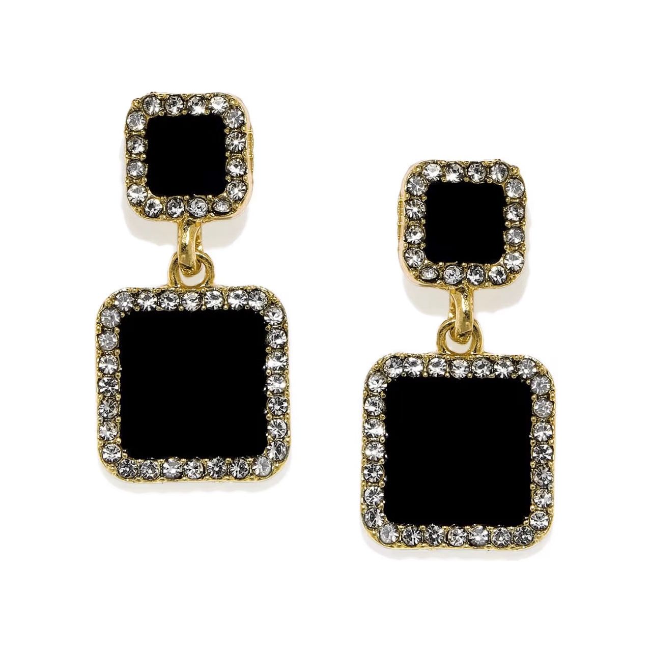 Princess Cut Black Double Square Halo Bling Statement Earrings