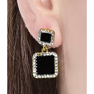 Princess Cut Black Double Square Halo Bling Statement Earrings